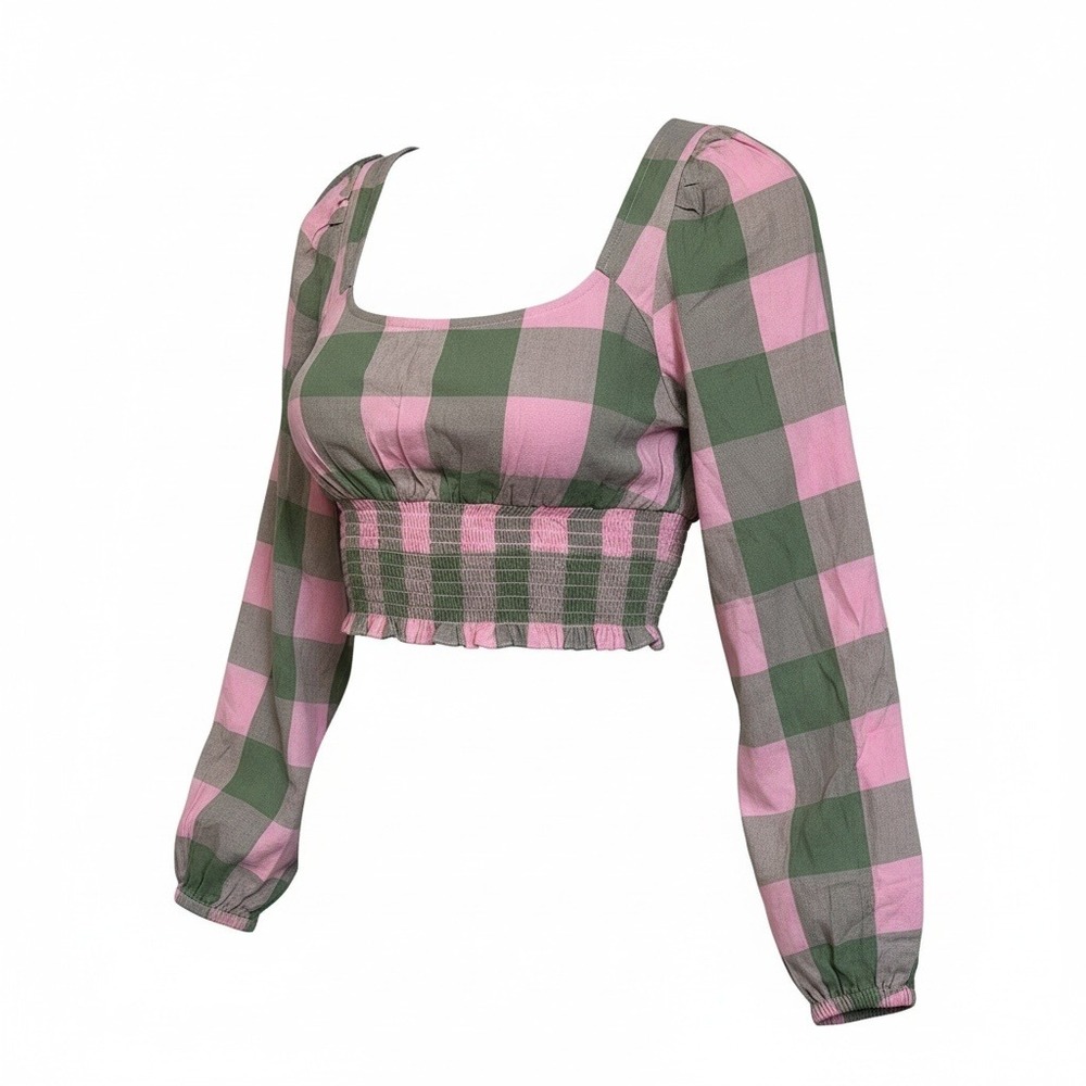 BP Plaid Square Neck Smocked Crop Top Long Sleeve Pink Green Womens Size S - Picture 1 of 6